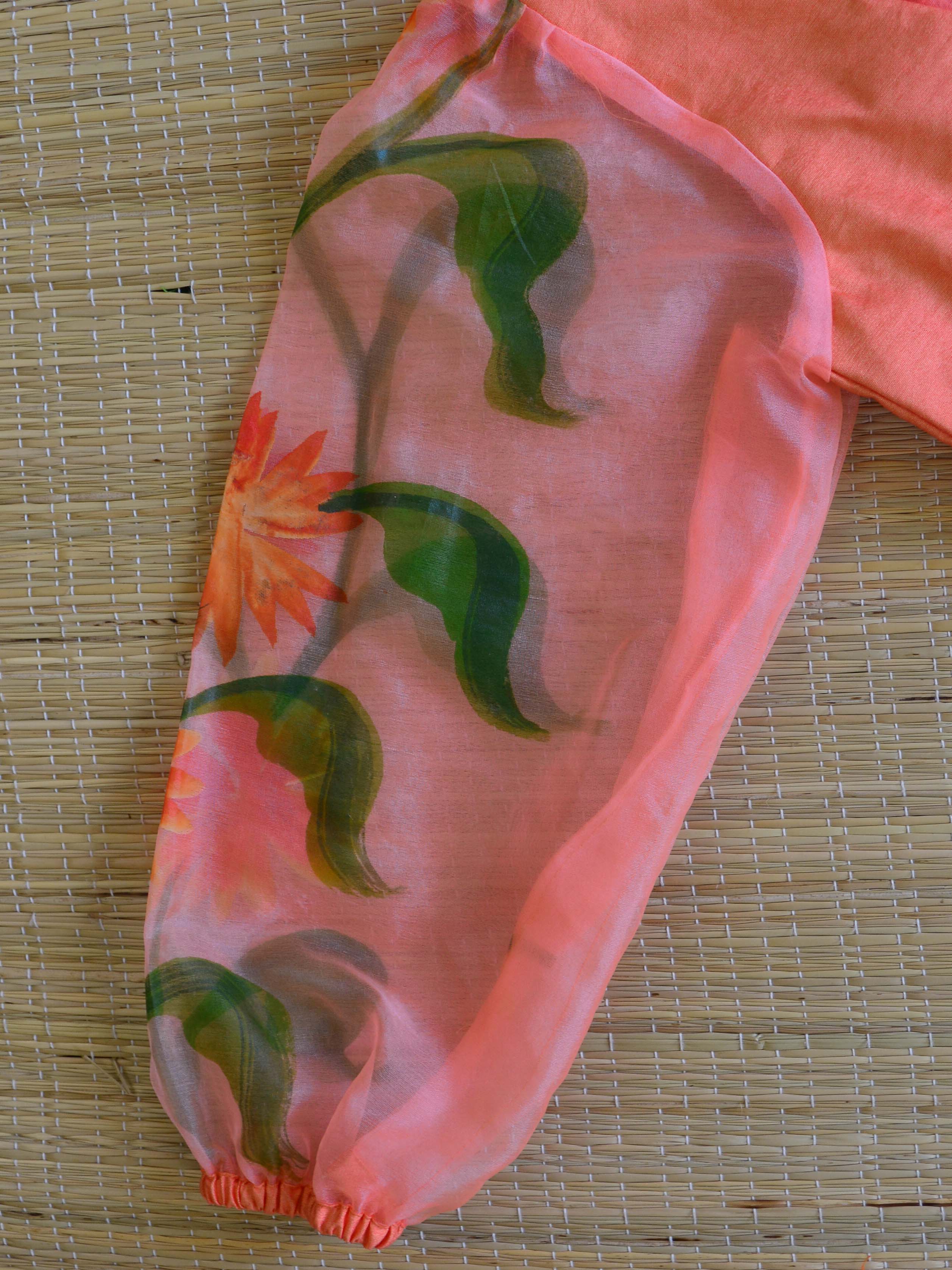 Banarasee Silk Blouse With Organza Silk Sleeves-Peach