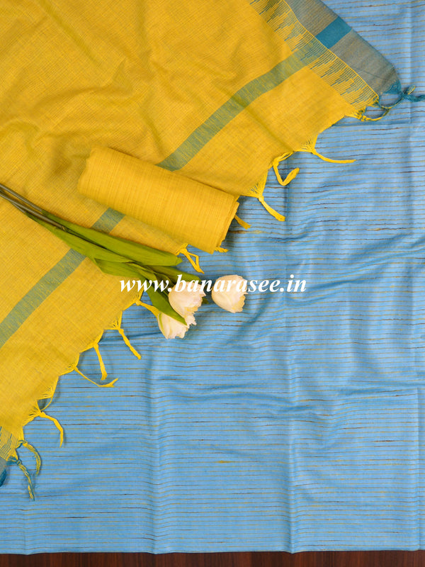 Handloom Khadi Cotton Salwar Kameez Dupatta Set-Blue & Yellow