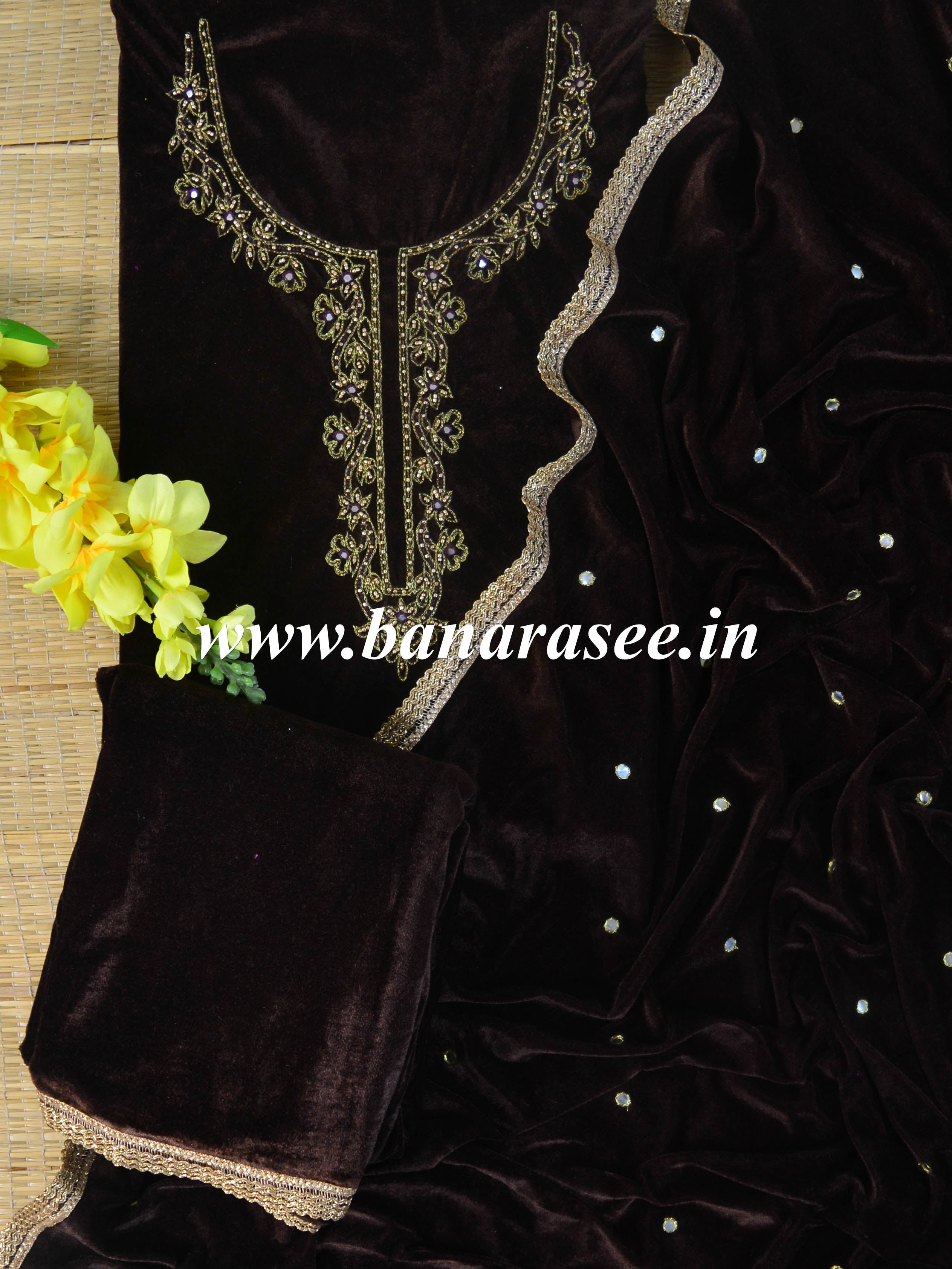 Banarasee Hand-Embroidered Velvet Salwar Kameez Set-Brown