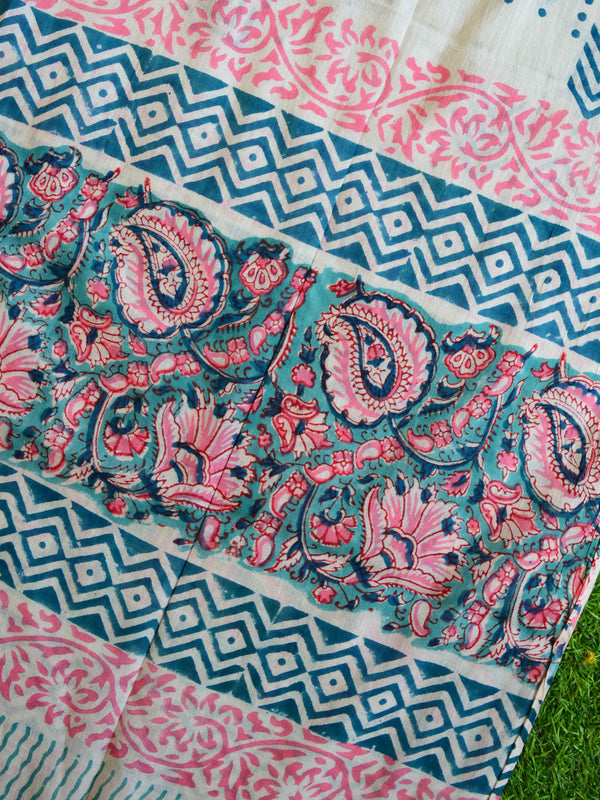 Handloom Mul Cotton Handblock Printed Suit Set-White & Blue