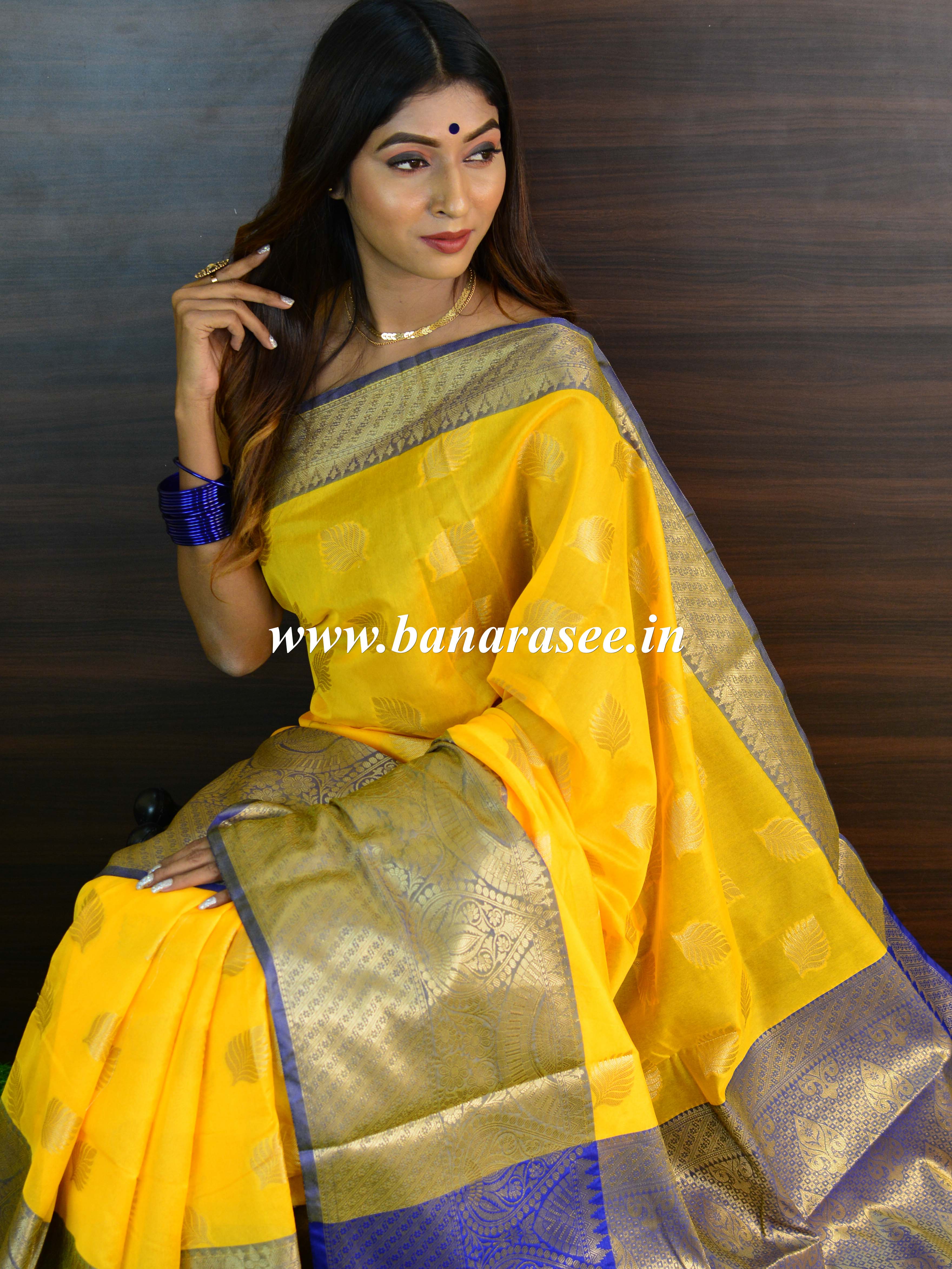 Banarasee Art Silk Saree With Buta Design & Contrast Broad Border-Yellow