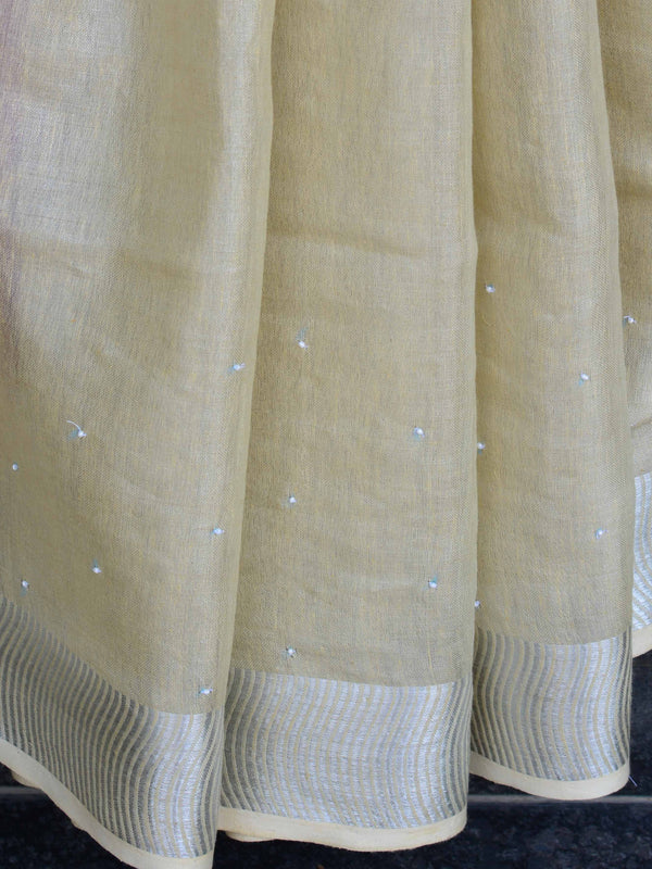 Banarasee Handloom Pure Linen By Tissue Saree With Pearl Embroidery-Beige
