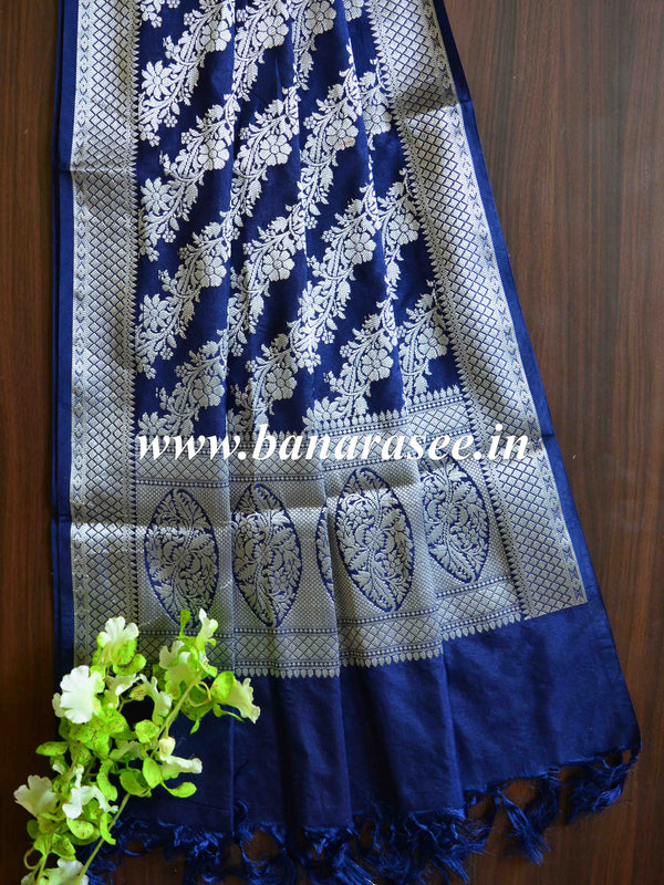 Banarasee Art Silk Dupatta Floral Stripes Design-Blue