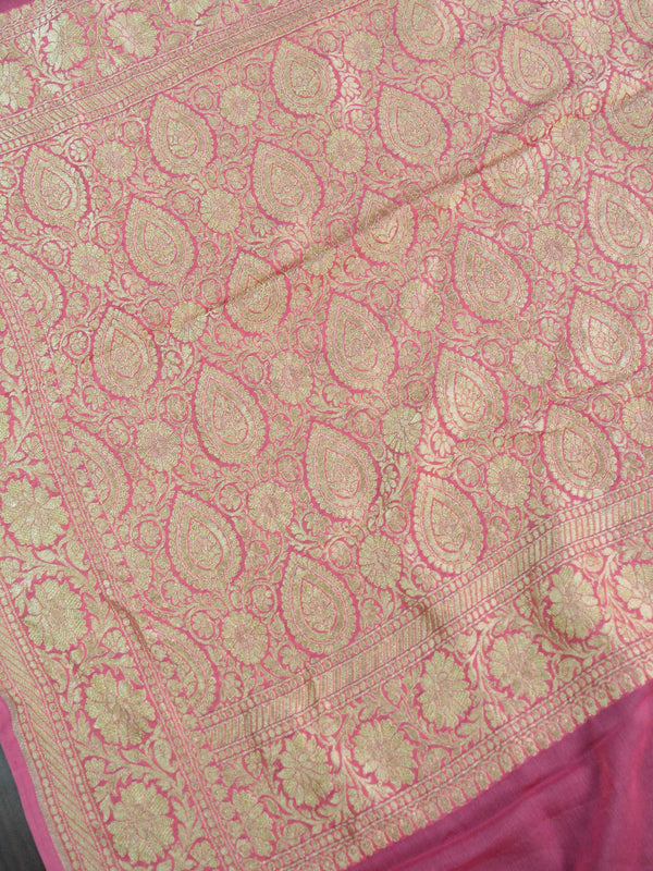 Banarasee/Banarasi Pure Khaddi Georgette Sari With Silver Zari Floral Jaal-Strawberry Pink