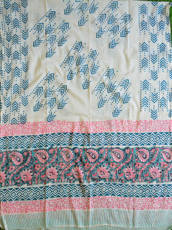 Handloom Mul Cotton Handblock Printed Suit Set-White & Blue