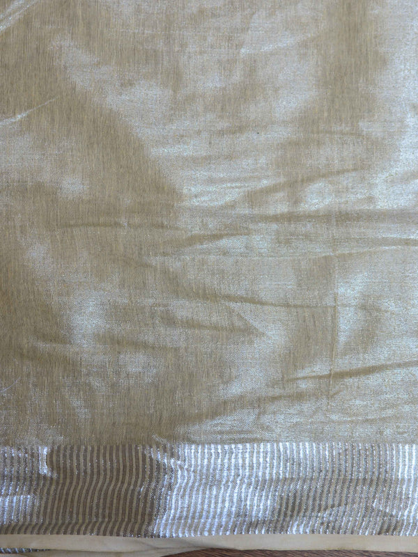 Banarasee Handloom Pure Linen By Tissue Saree With Pearl Embroidery-Beige