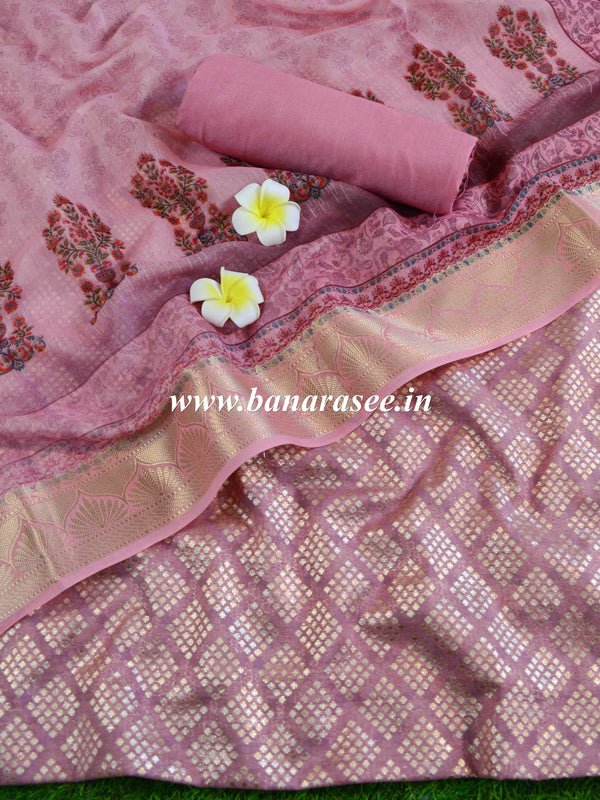 Banarasee Chanderi Cotton Salwar Kameez Zari Buti Fabric With Digital Print Dupatta-Pink