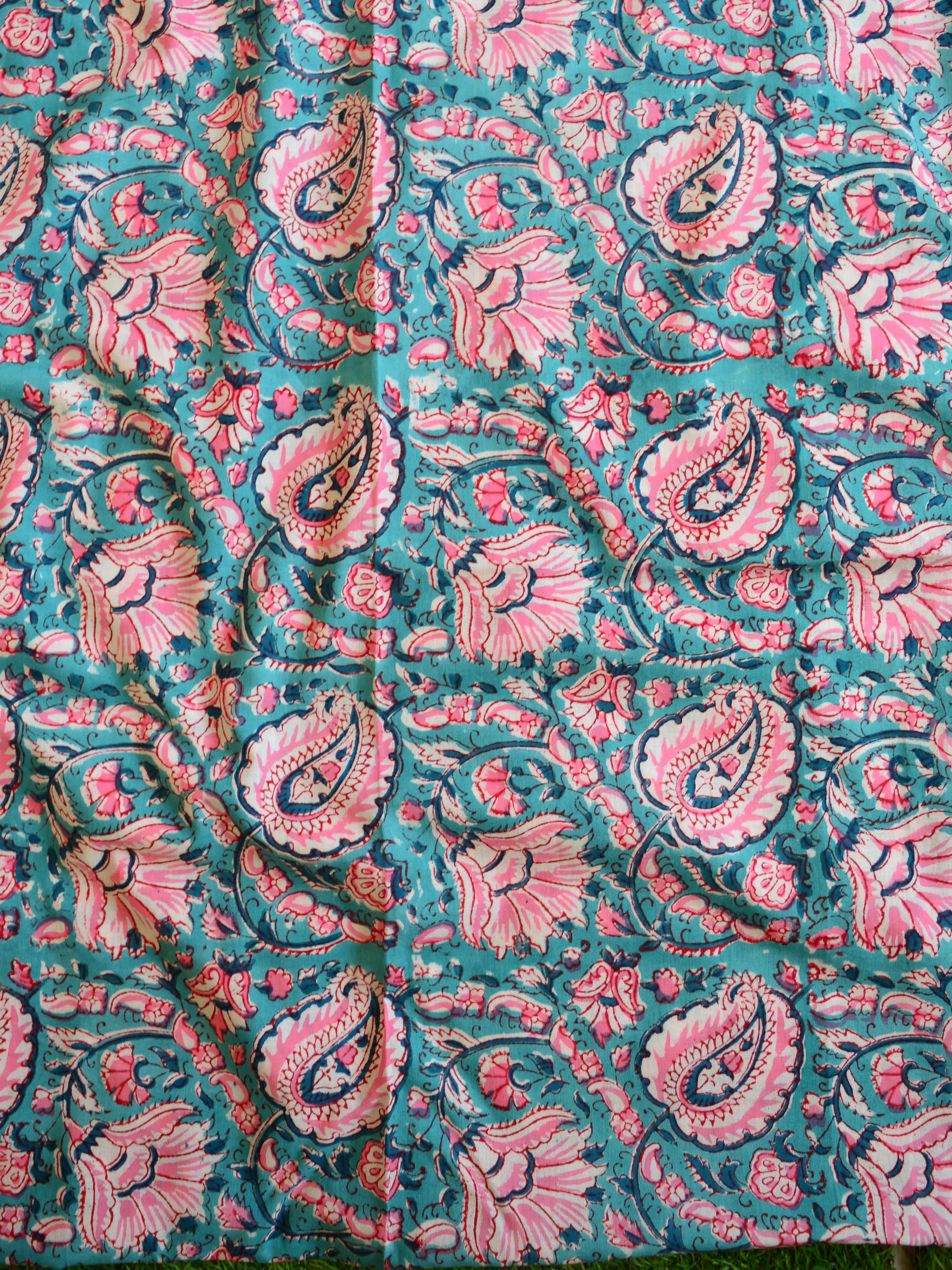 Handloom Mul Cotton Handblock Printed Suit Set-White & Blue