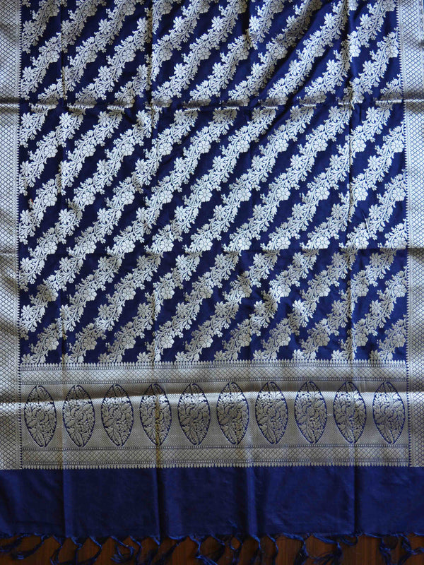 Banarasee Art Silk Dupatta Floral Stripes Design-Blue