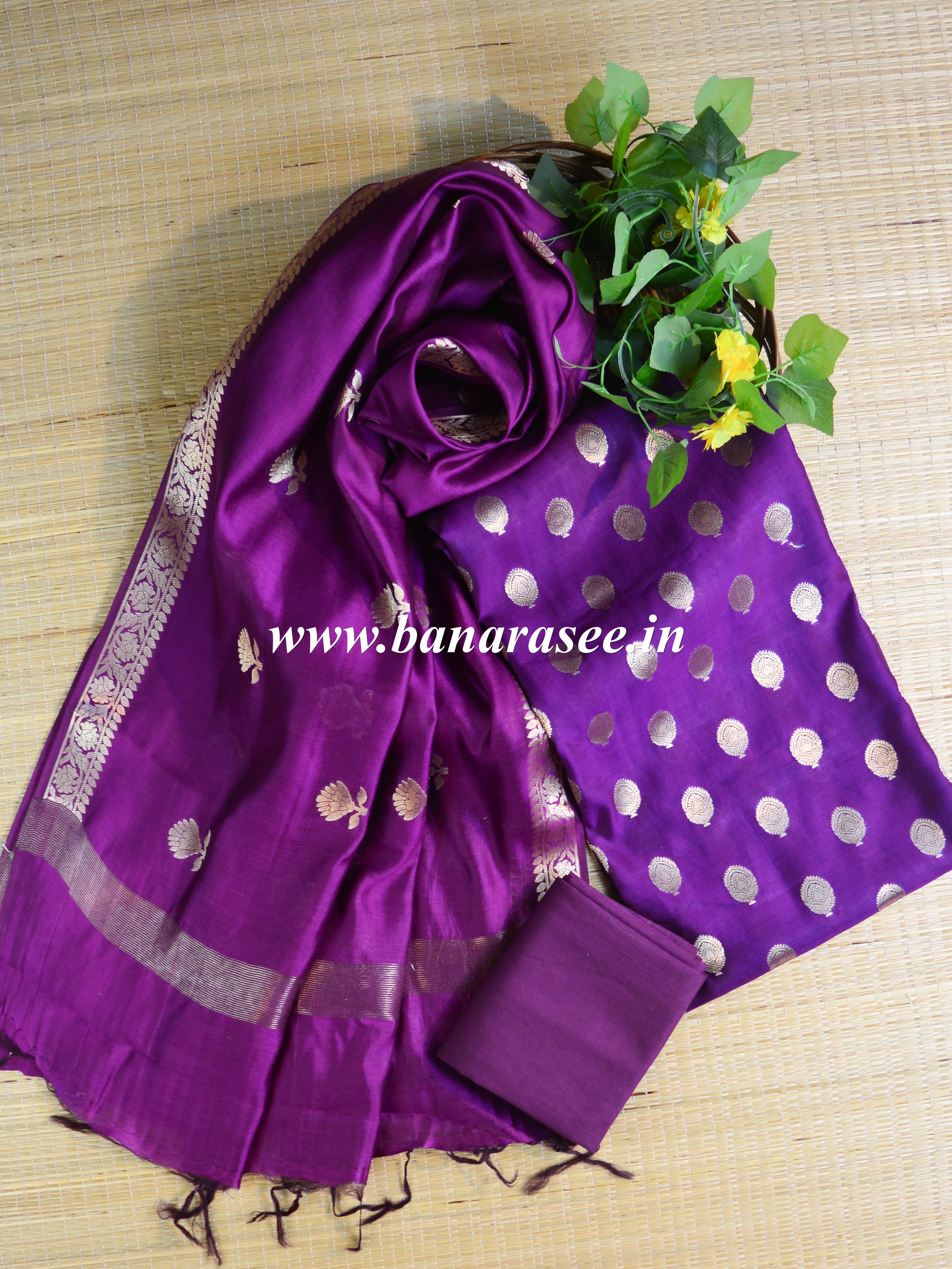 Banarasee Handloom Pure Silk Zari Buti Salwar Kameez Fabric With Dupatta-Purple