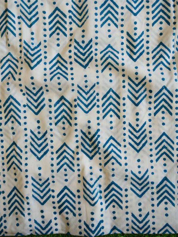 Handloom Mul Cotton Handblock Printed Suit Set-White & Blue