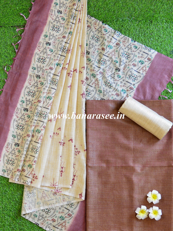 Handloom Khadi Cotton Salwar Kameez With Madhubani Print Dupatta-Brown & Beige