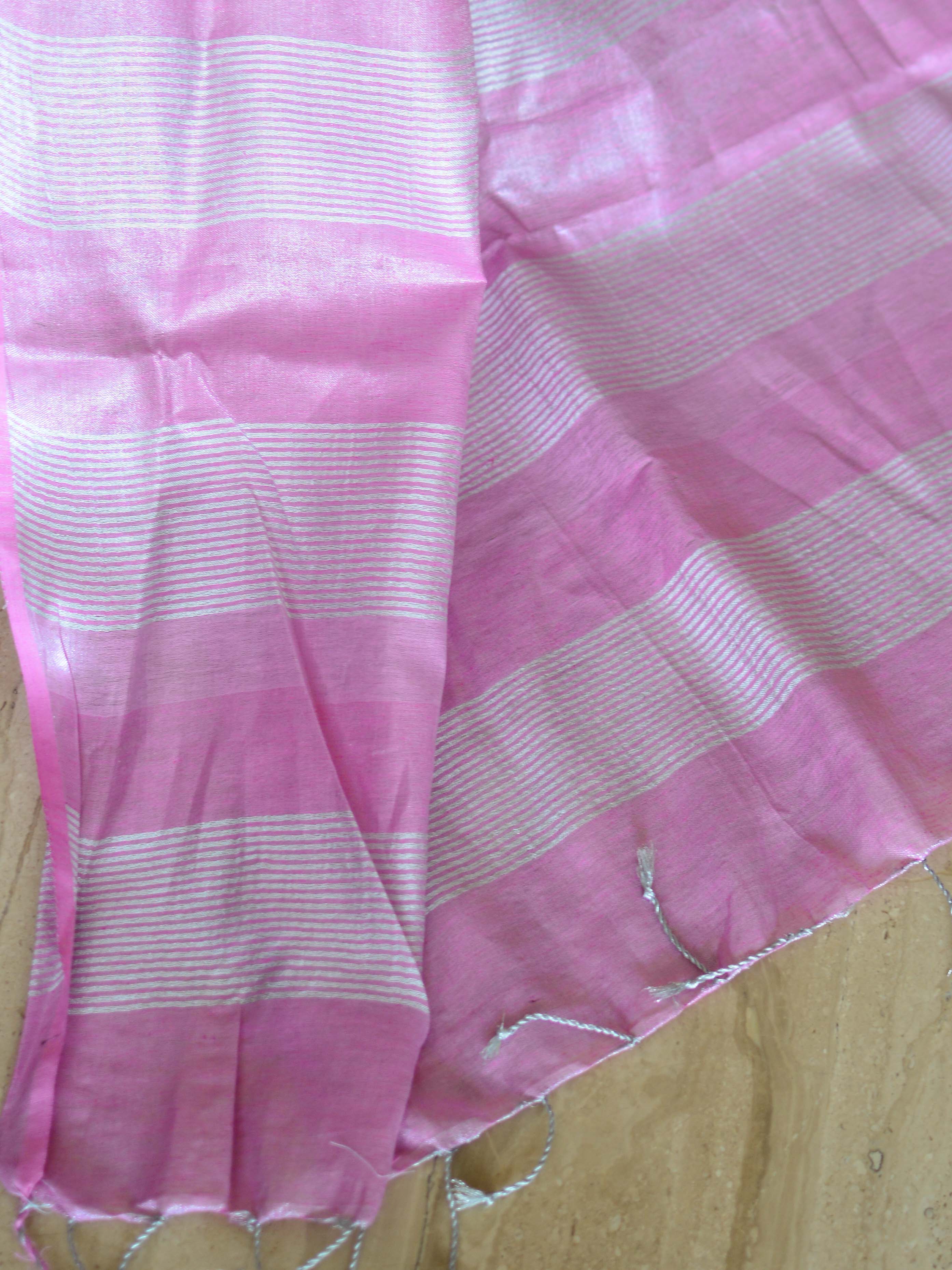 Banarasee Handloom Pure Linen By Tissue Saree-Pink