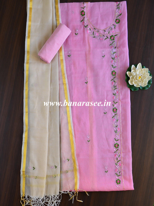 Kota Doria Hand-Embroidered Salwar Kameez Dupatta Set-Pink & White