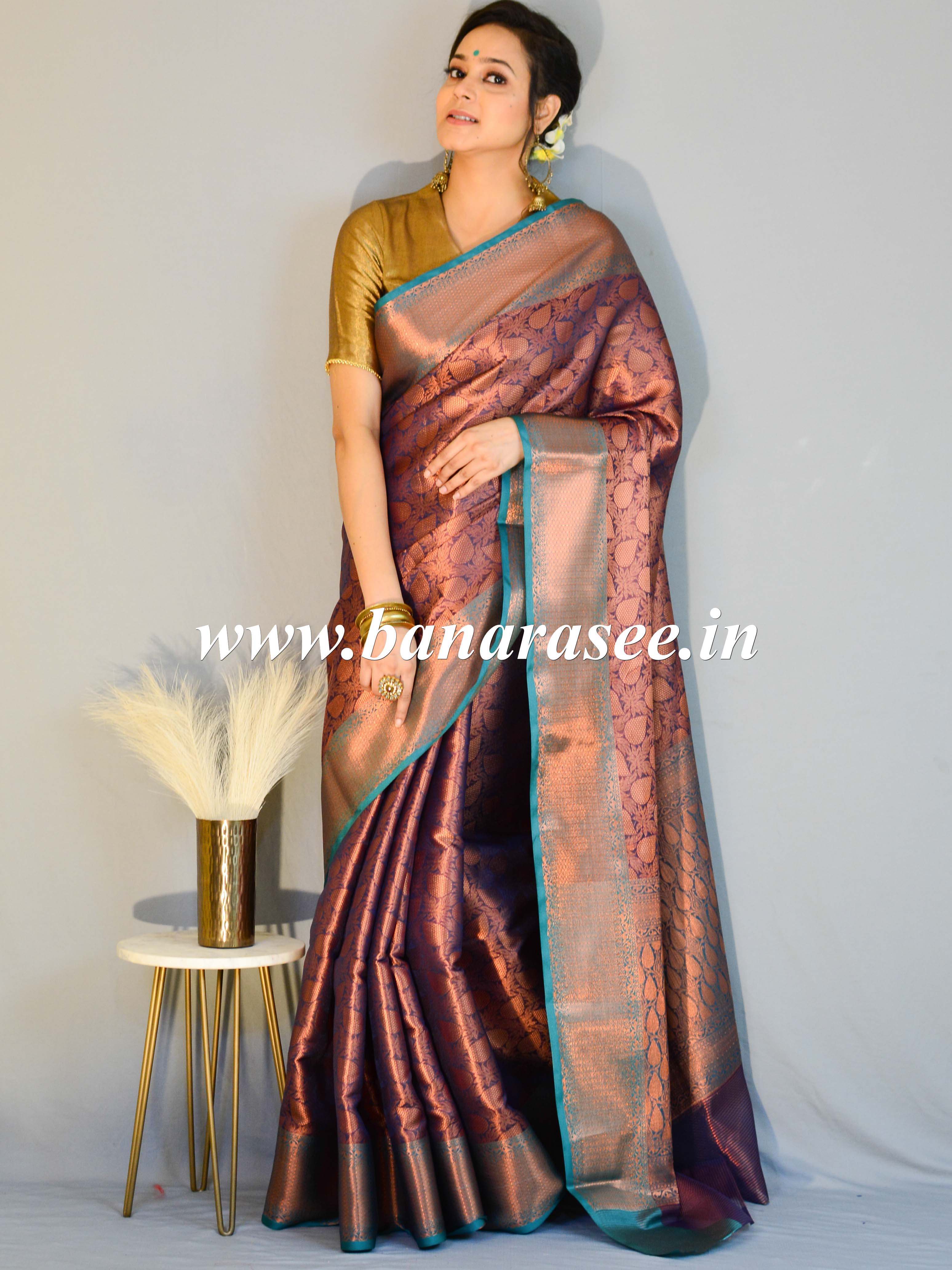 Banarasee Art Silk Saree With Copper Zari & Contrast Border Design-Royal Blue