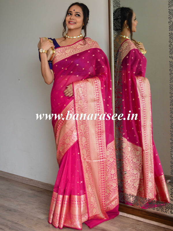 Banarasee Handwoven Semi-Chiffon Saree With Buti Design & Broad Floral Border-Pink