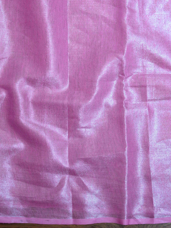 Banarasee Handloom Pure Linen By Tissue Saree-Pink