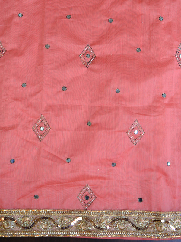 Banarasee Chanderi Cotton Embroidery Salwar Kameez With Organza Dupatta Set-Peach & White