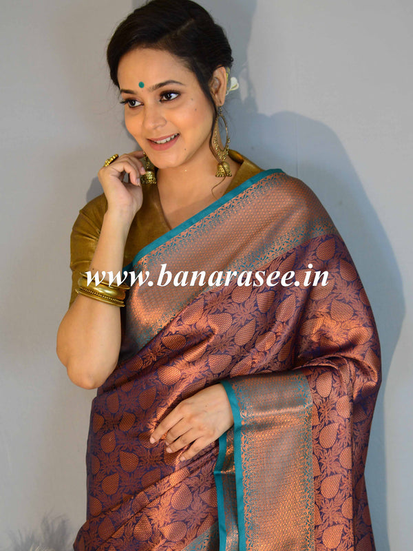 Banarasee Art Silk Saree With Copper Zari & Contrast Border Design-Royal Blue