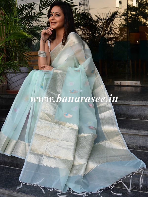 Banarasee Organza Mix Saree With Buti Design & Zari Border-Sky Blue