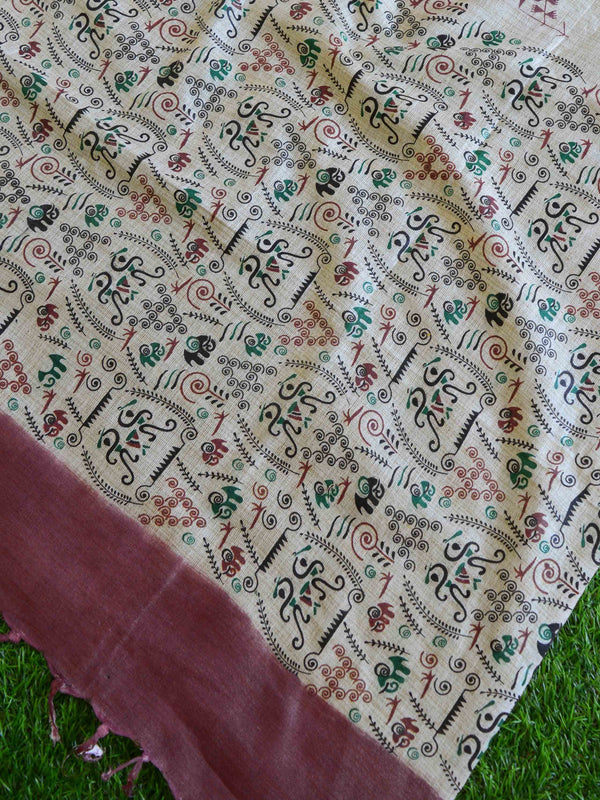 Handloom Khadi Cotton Salwar Kameez With Madhubani Print Dupatta-Brown & Beige