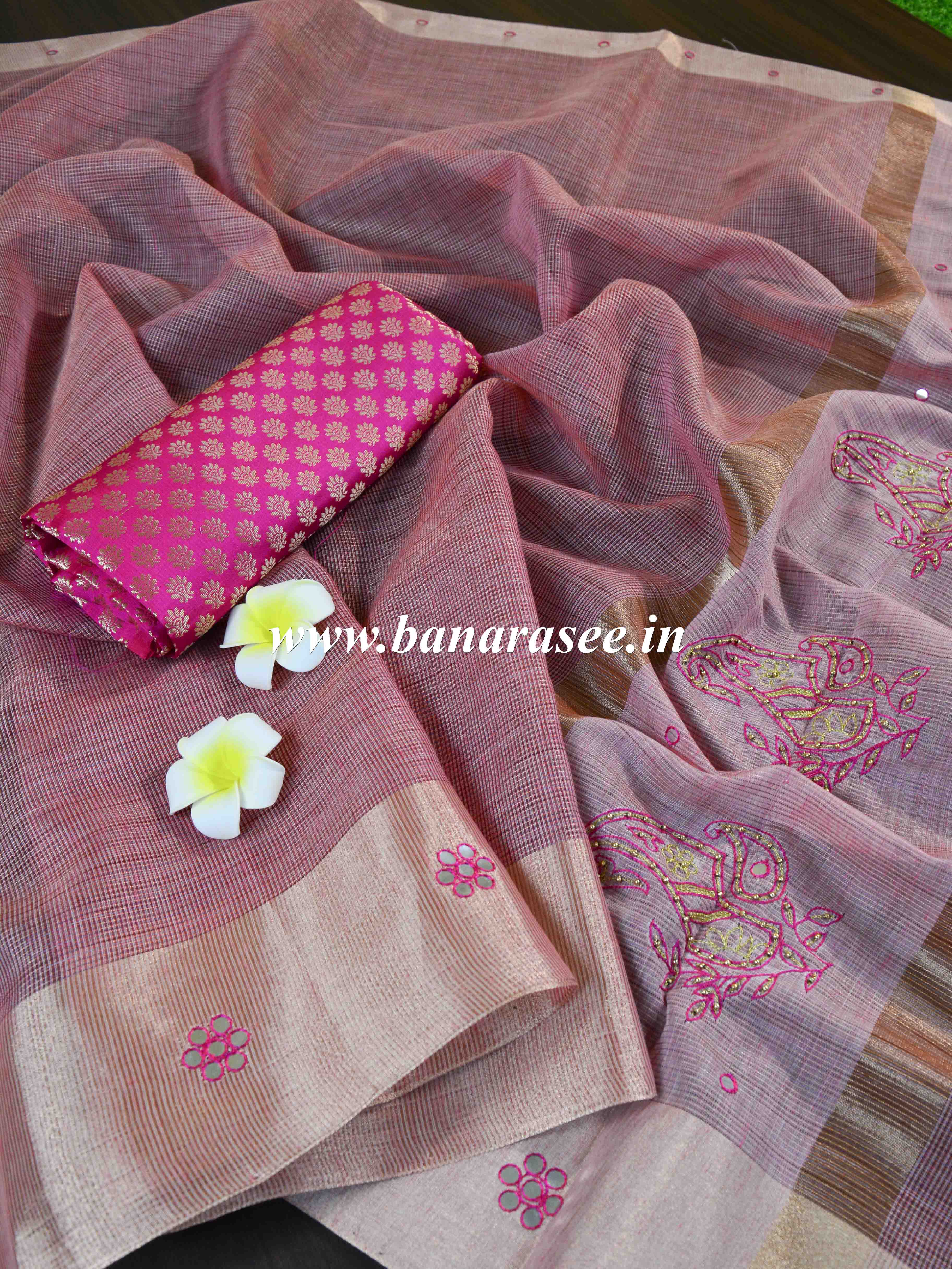 Banarasee Cotton Silk Saree With Hand-Embroidery Work-Pink