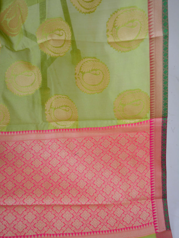 Banarasee Cotton Silk Mix Saree With Big Round Resham Buta-Pastel Green