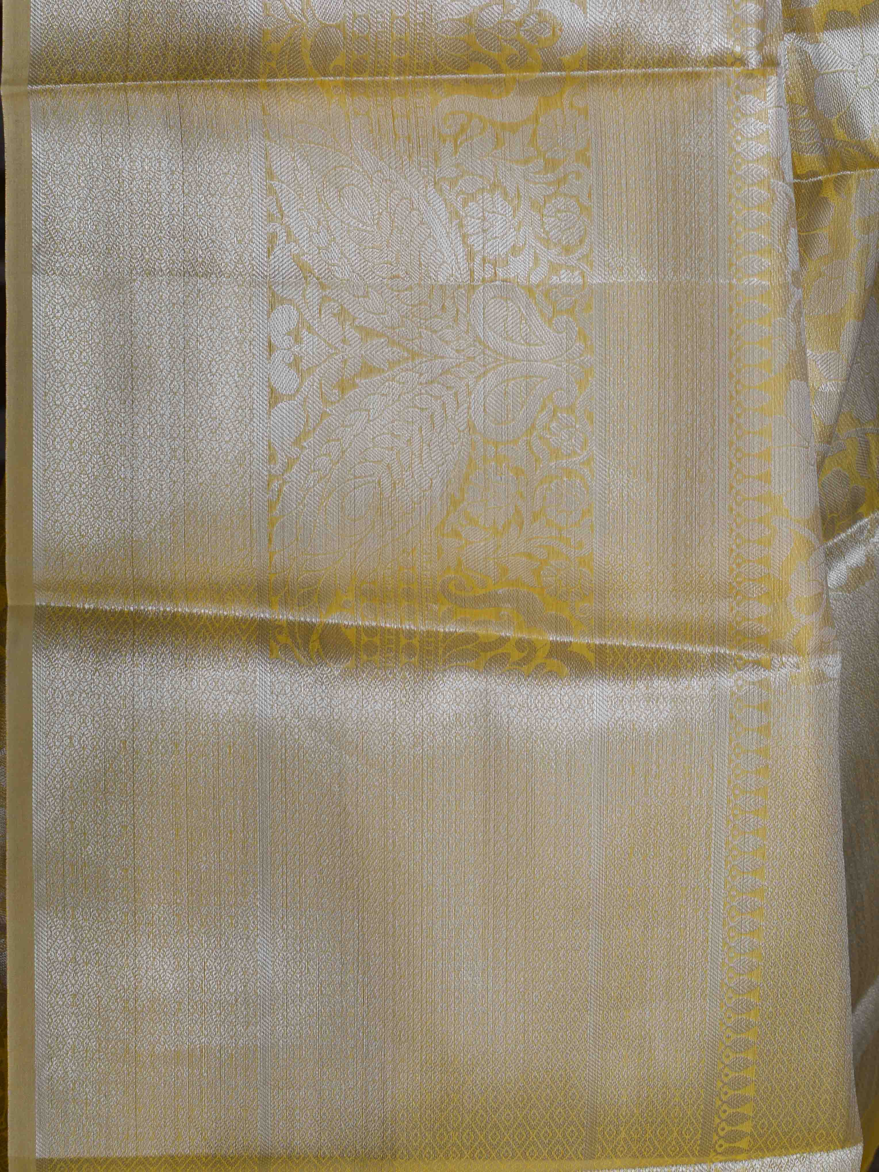 Banarasee Handwoven Semi Silk Saree With Floral Jaal & Broad Border-Yellow