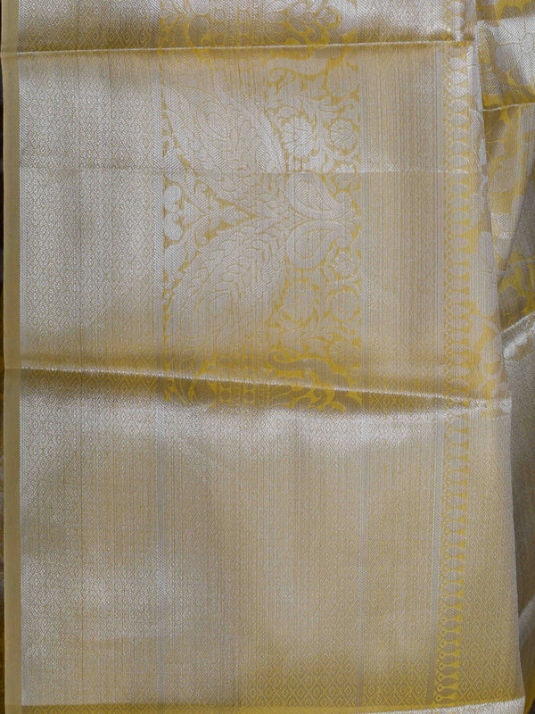 Banarasee Handwoven Semi Silk Saree With Floral Jaal & Broad Border-Yellow