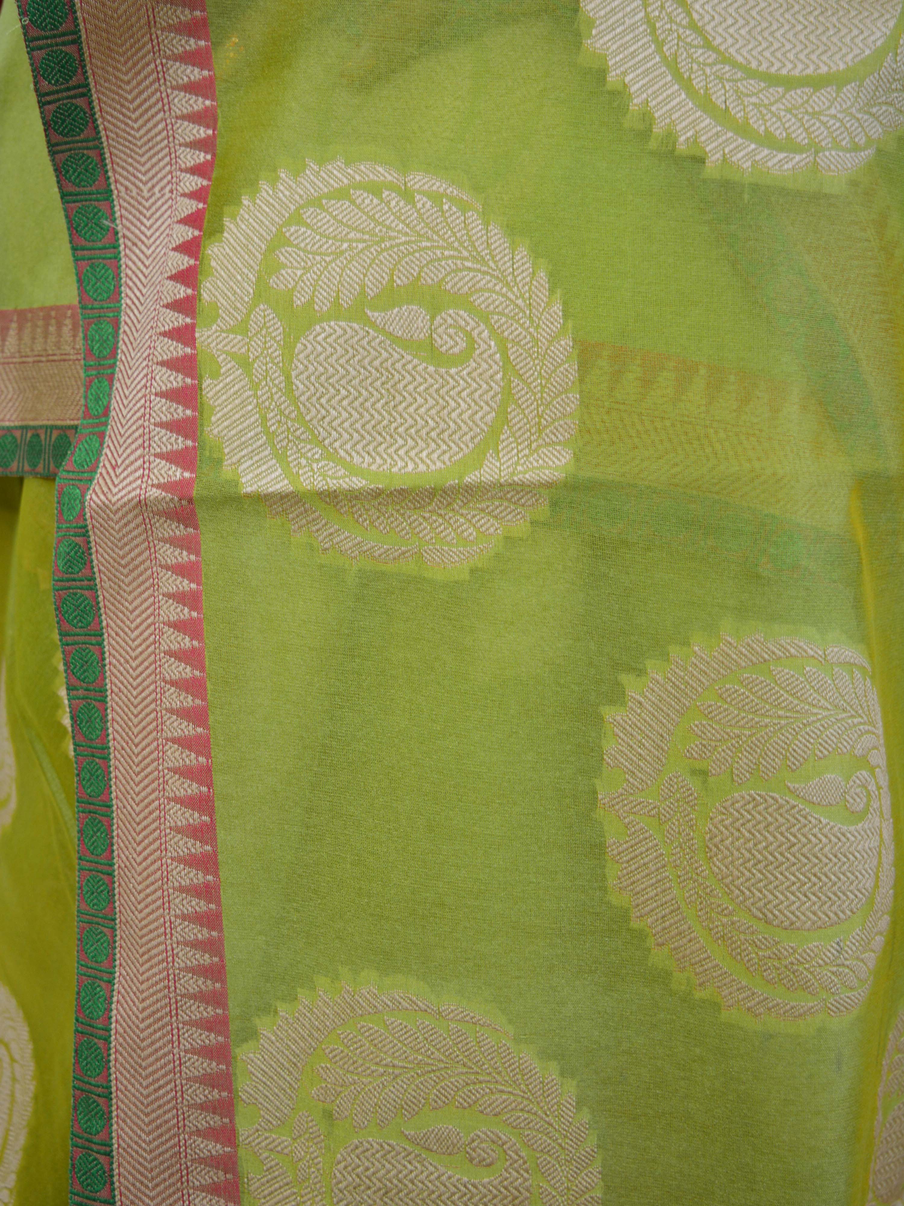 Banarasee Cotton Silk Mix Saree With Big Round Resham Buta-Pastel Green