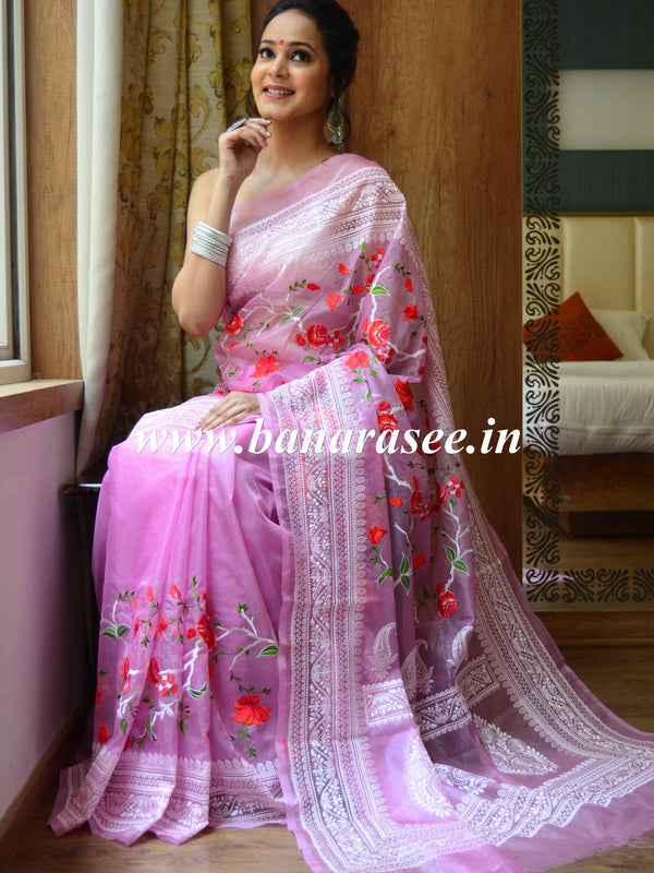 Banarasee Handwoven Organza Silk Multicolour Resham Floral Embroidery Saree-Pink
