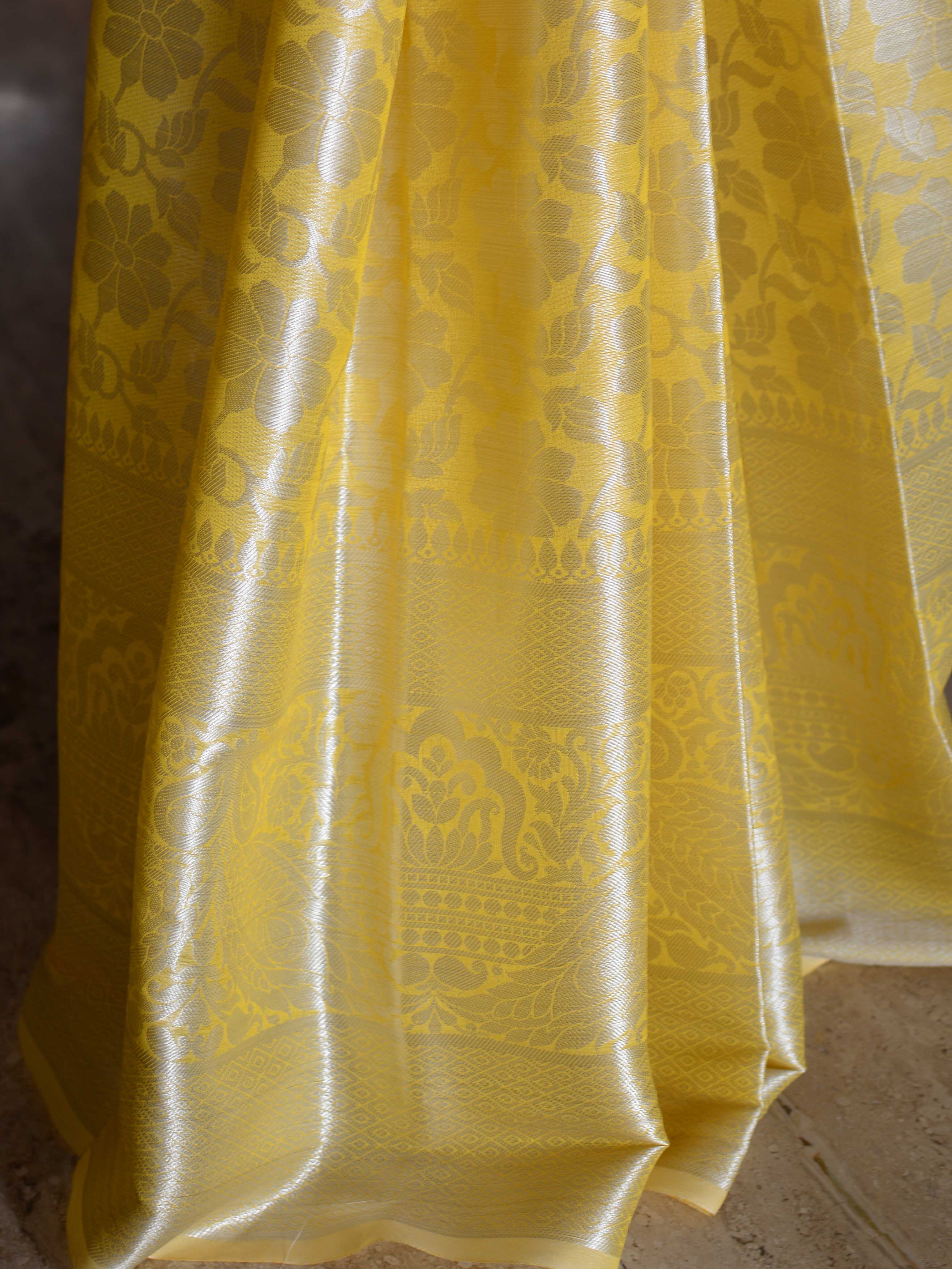 Banarasee Handwoven Semi Silk Saree With Floral Jaal & Broad Border-Yellow