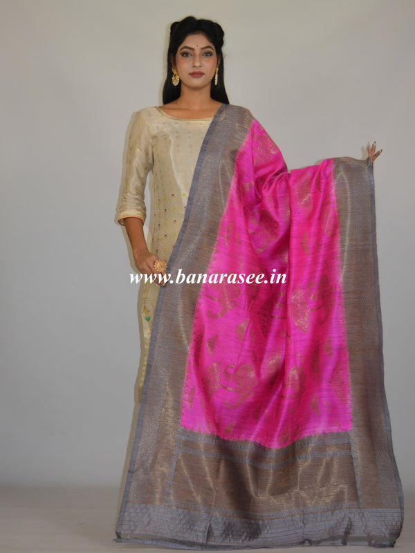 Banarasi Pure Dupion Silk Handloom Dupatta With Zari Weaving-Magenta