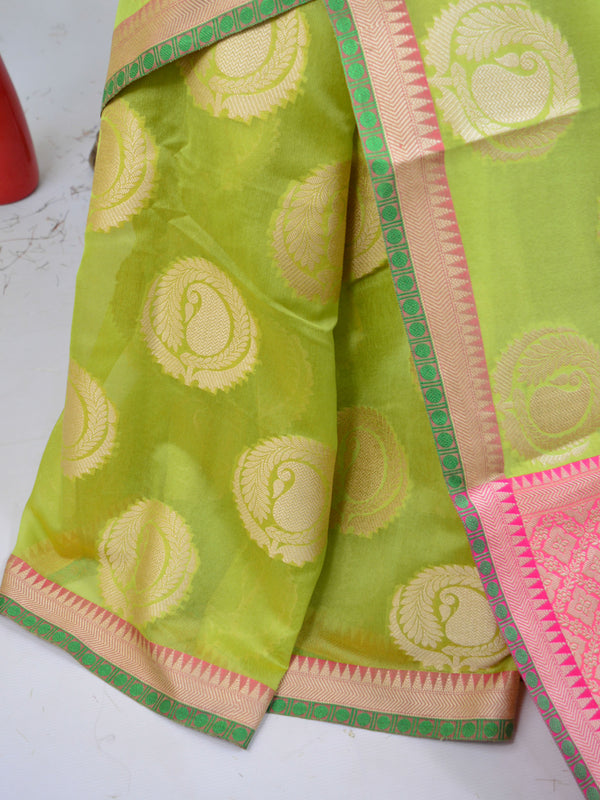 Banarasee Cotton Silk Mix Saree With Big Round Resham Buta-Pastel Green
