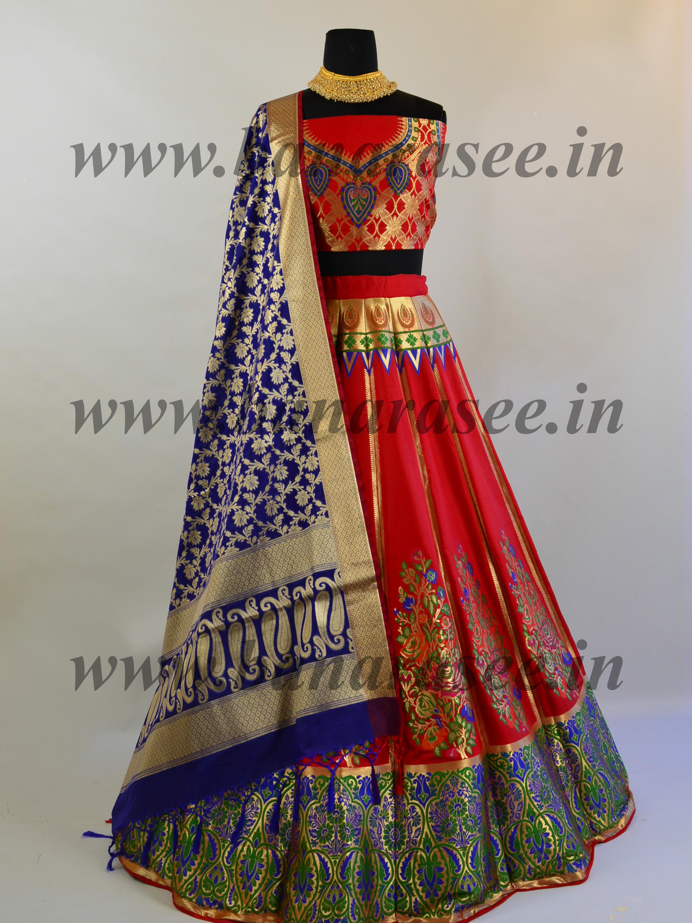 Banarasee Handwoven Art Silk Unstitched Lehenga & Blouse Fabric With Meena Work-Red