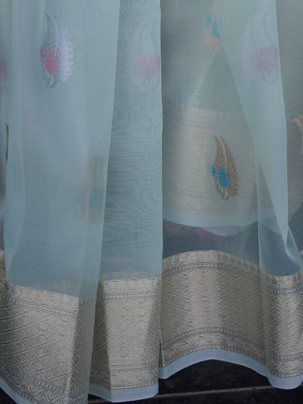 Banarasee Organza Mix Saree With Buti Design & Zari Border-Sky Blue