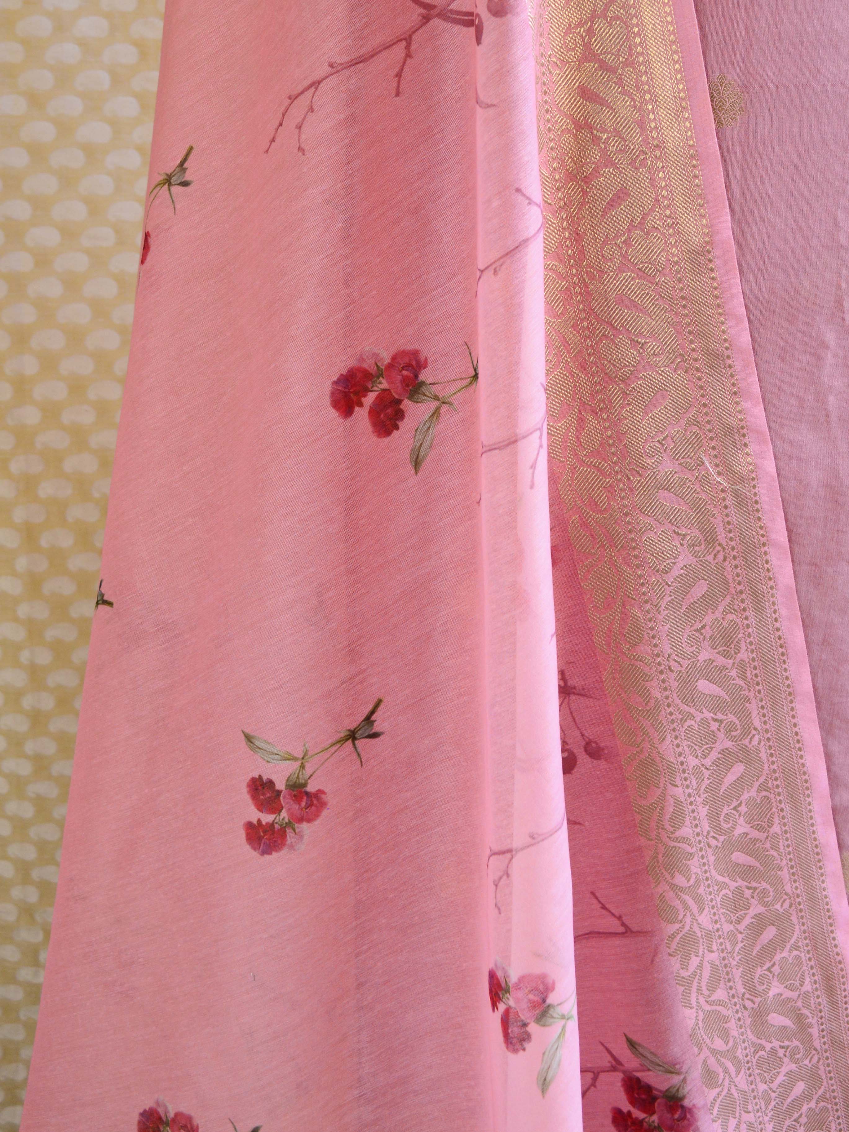 Banarasee Chanderi Cotton  Kameez Zari Buti Fabric With Digital Print Dupatta-Plum