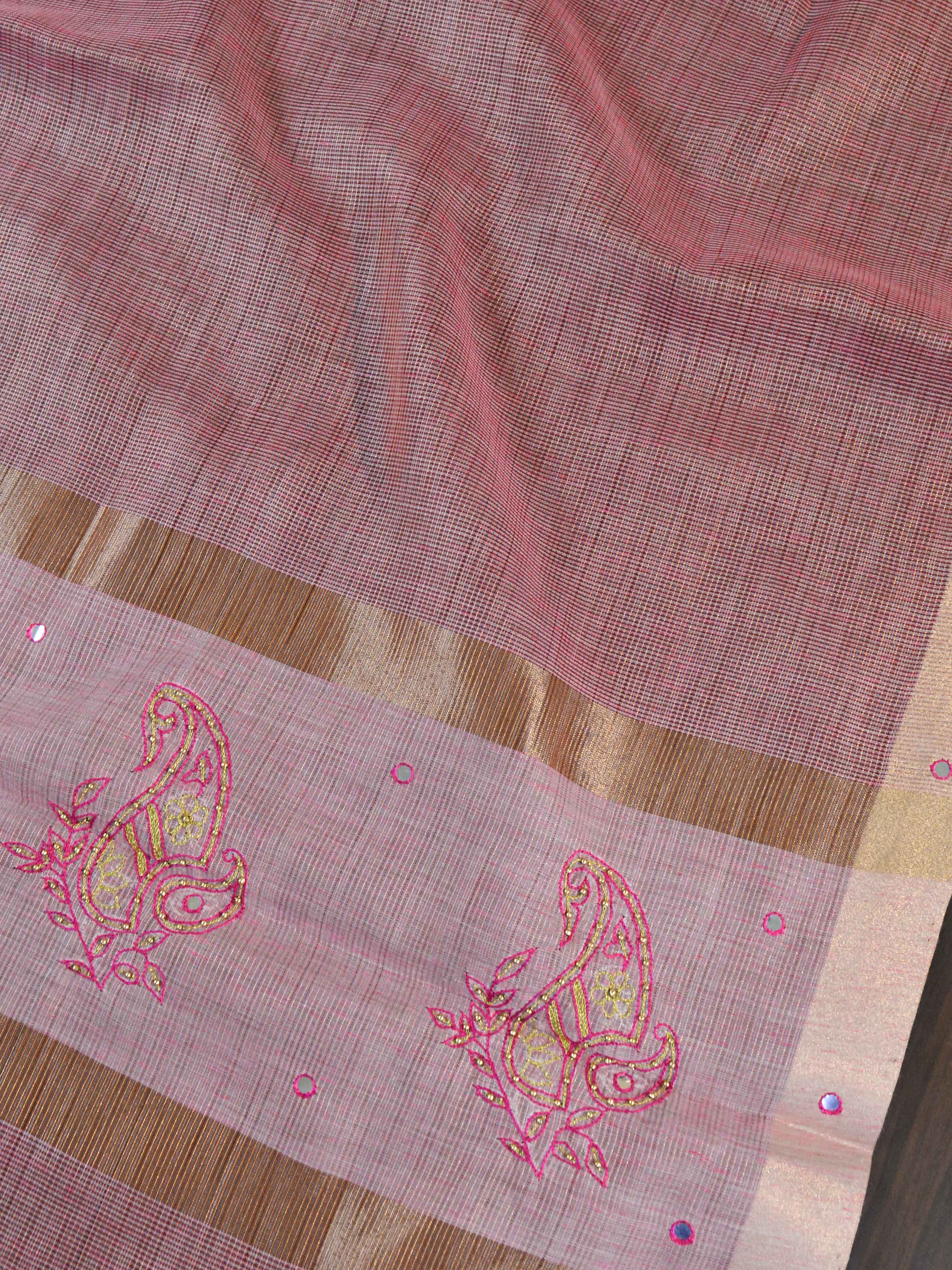 Banarasee Cotton Silk Saree With Hand-Embroidery Work-Pink