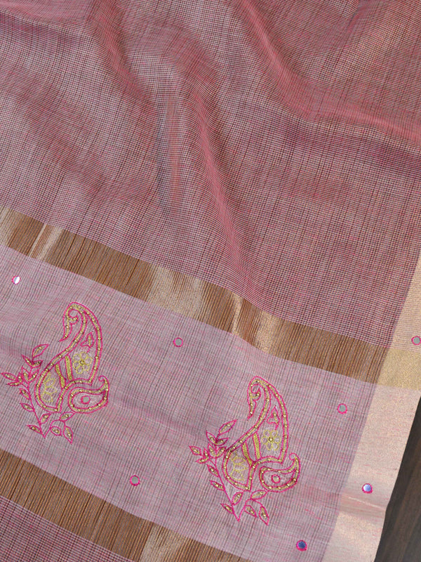 Banarasee Cotton Silk Saree With Hand-Embroidery Work-Pink
