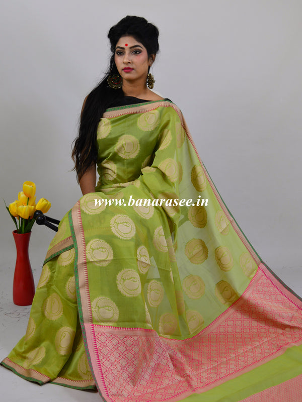 Banarasee Cotton Silk Mix Saree With Big Round Resham Buta-Pastel Green