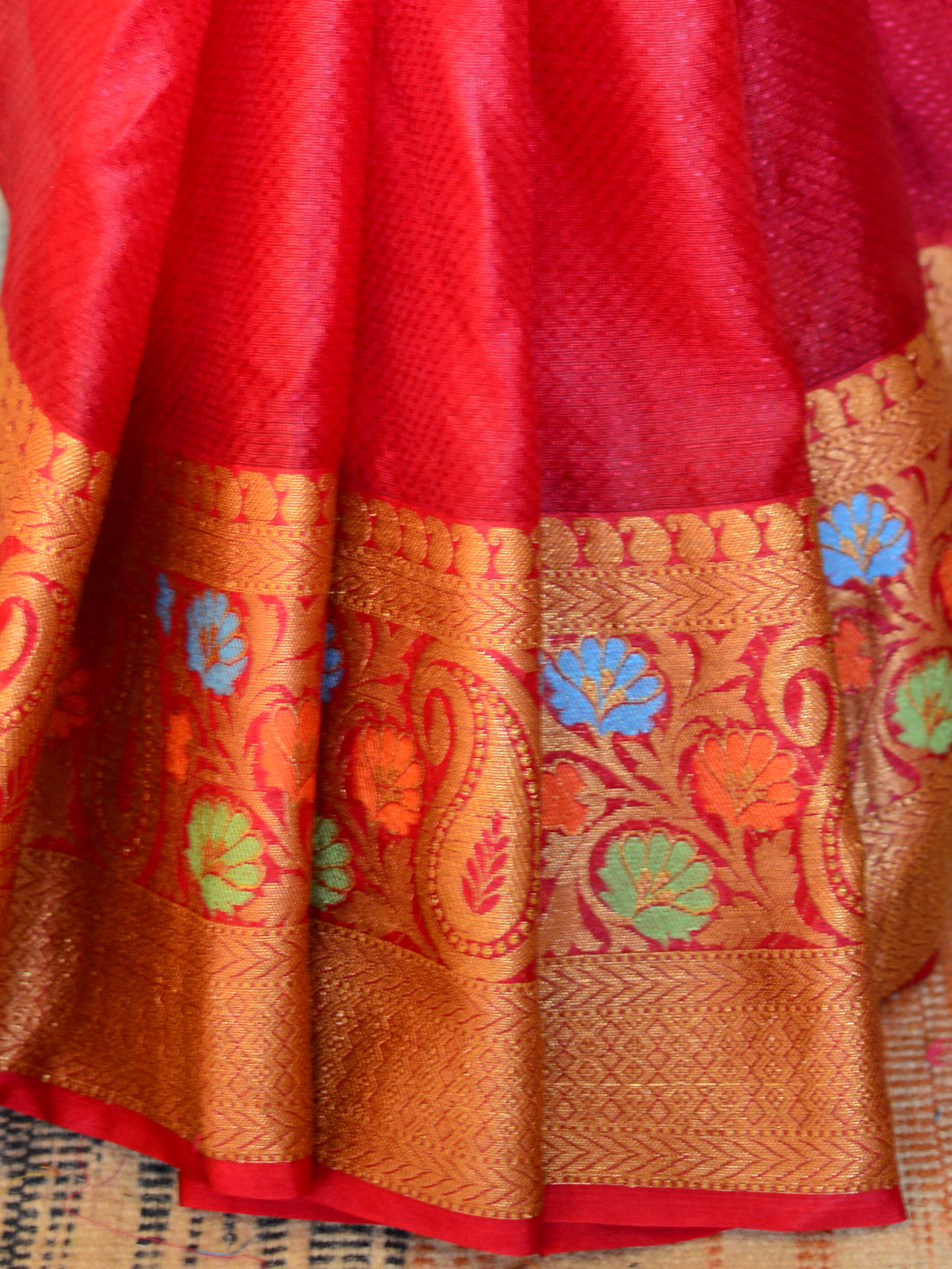 Banarasee Art Silk Saree With Zari & Meena Floral Border & Self Weaving Work-Red