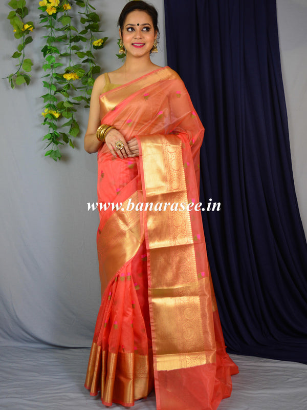 Banarasee Organza Mix Saree With Embroidery Work & Zari Border-Peach