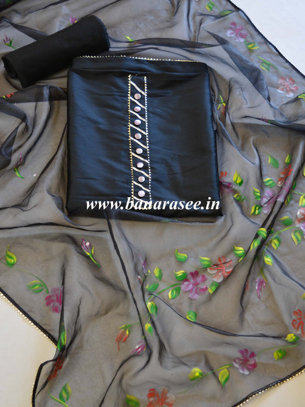Banarasee Semi Silk Salwar Kameez Set & Organza Silk Handpainted Dupatta-Black