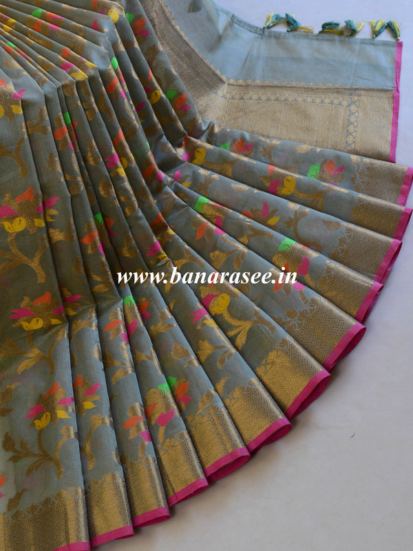 Banarasee Handloom Chanderi Cotton Resham Jaal Antique Gold Zari Saree-Grey