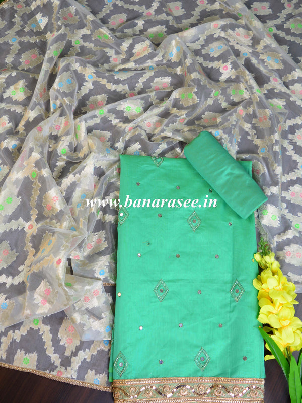 Banarasee Chanderi Cotton Embroidery Salwar Kameez With Organza Dupatta Set-Green & White