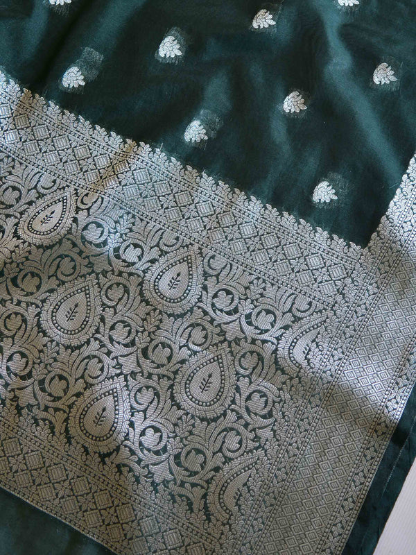 Banarasee Handwoven Semi Silk Saree With Silver Zari Border-Deep Green