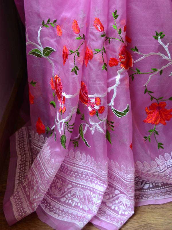 Banarasee Handwoven Organza Silk Multicolour Resham Floral Embroidery Saree-Pink
