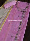 Kota Doria Hand-Embroidered Salwar Kameez Dupatta Set-Pink & White