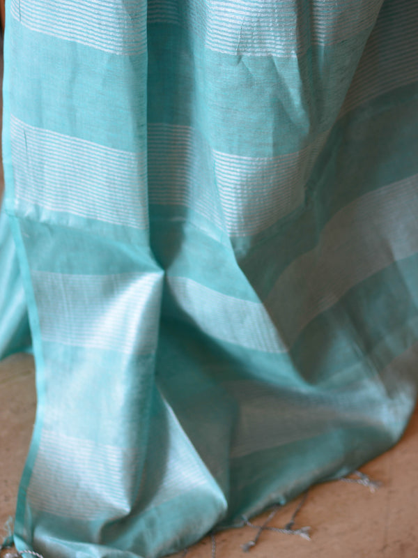 Banarasee Handloom Pure Linen By Tissue Saree-Blue