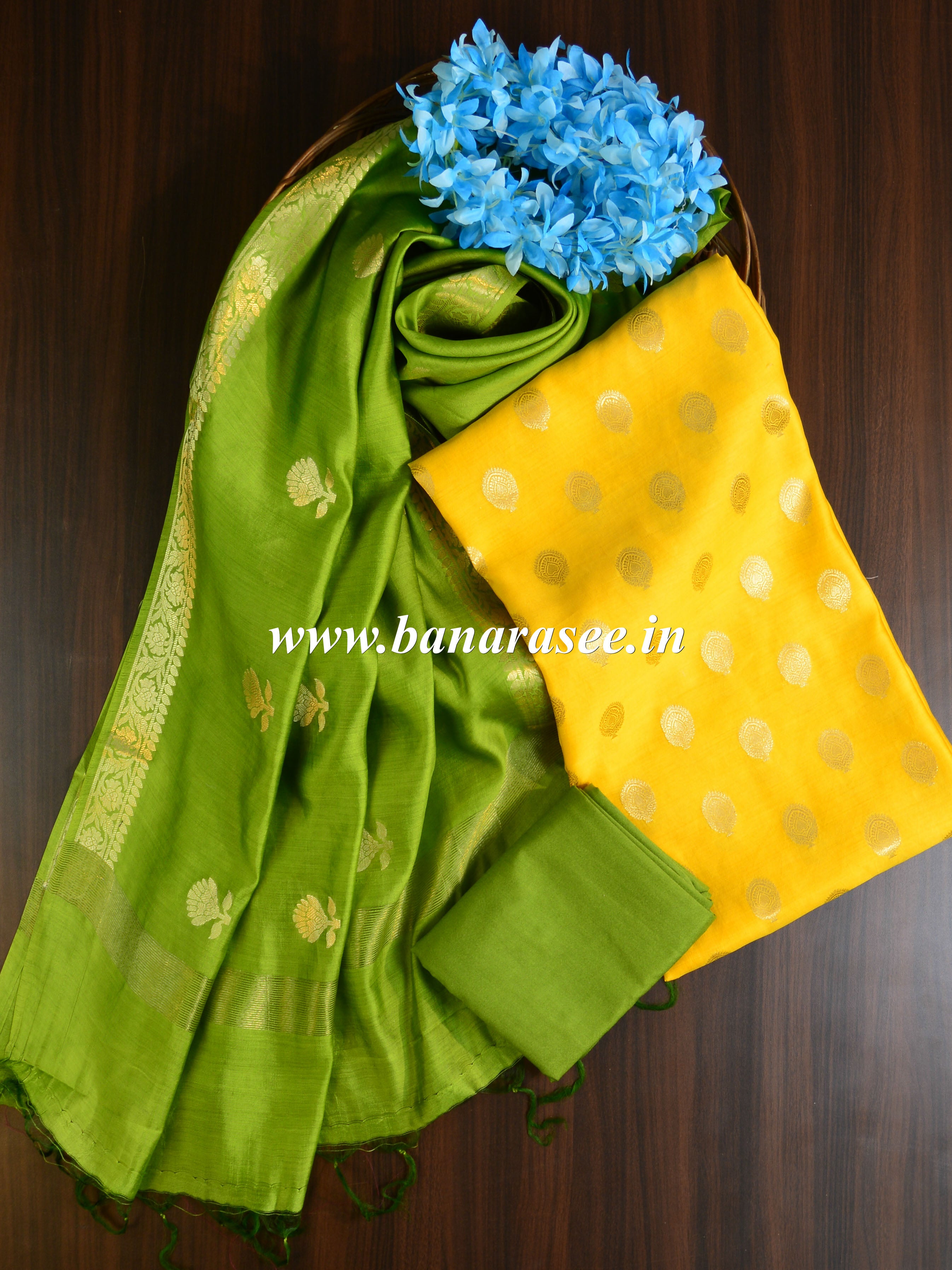 Banarasee Handloom Pure Silk Zari Buti Salwar Kameez Fabric With Dupatta-Green & Yellow